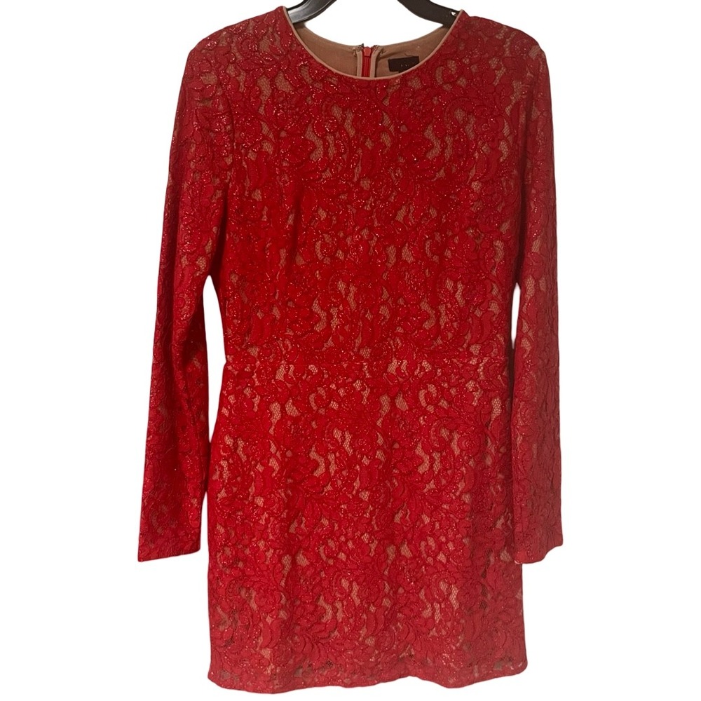 NBD Red Lace Metallic Long Sleeve Mini Dress Women's Size Medium